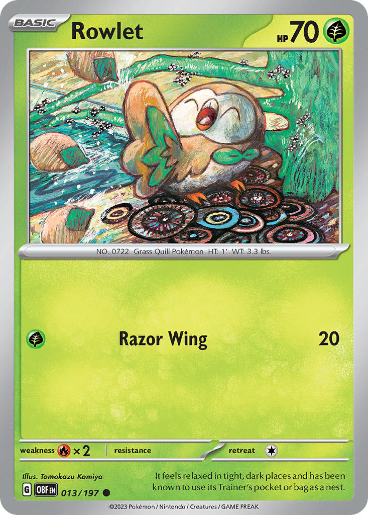 Rowlet 013/197 Common Obsidian Flames Pokémon card