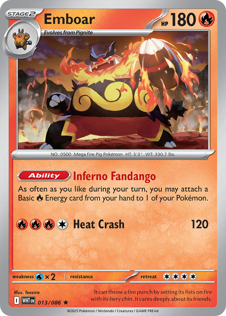 Emboar 013/086 Rare White Flare Pokémon card
