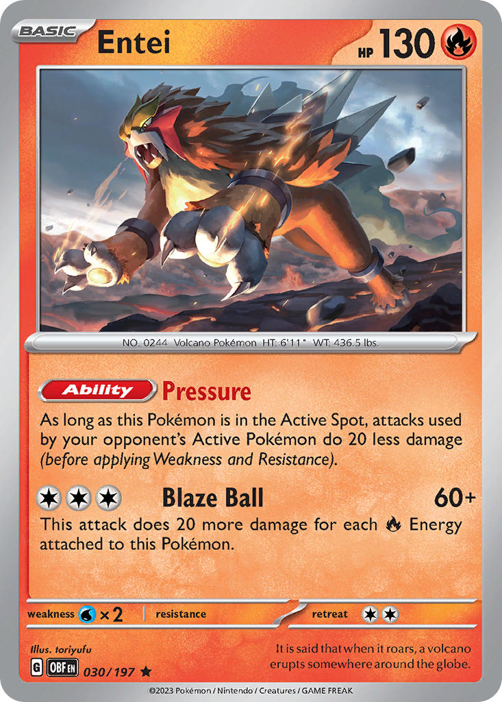 Entei 030/197 Rare Obsidian Flames Pokémon card