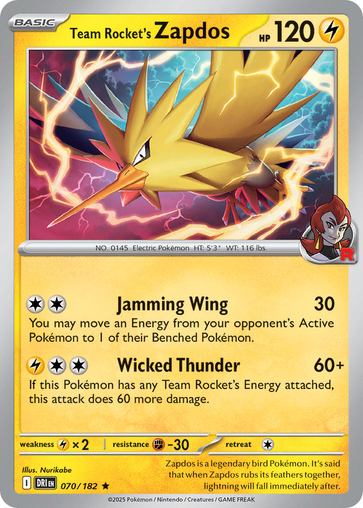 Team Rocket's Zapdos 070/182 Rare Destined Rivals Pokémon card