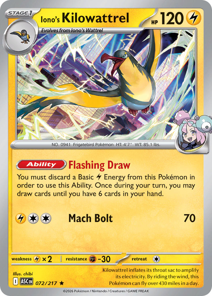 Iono's Kilowattrel 072/217 Rare Ascended Heroes Pokémon card