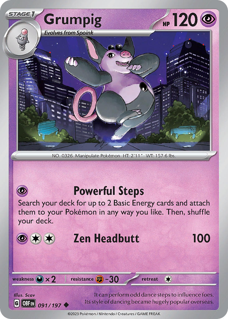 Grumpig 091/197 Uncommon Obsidian Flames Pokémon card