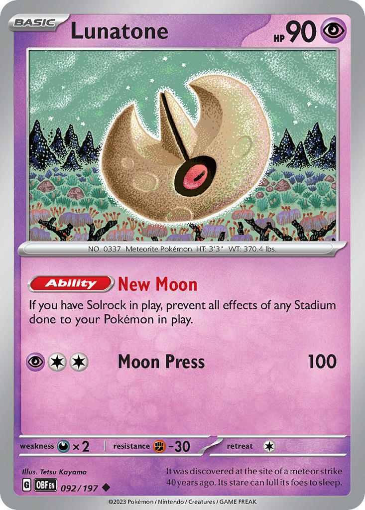 Lunatone 092/197 Uncommon Obsidian Flames Pokémon card