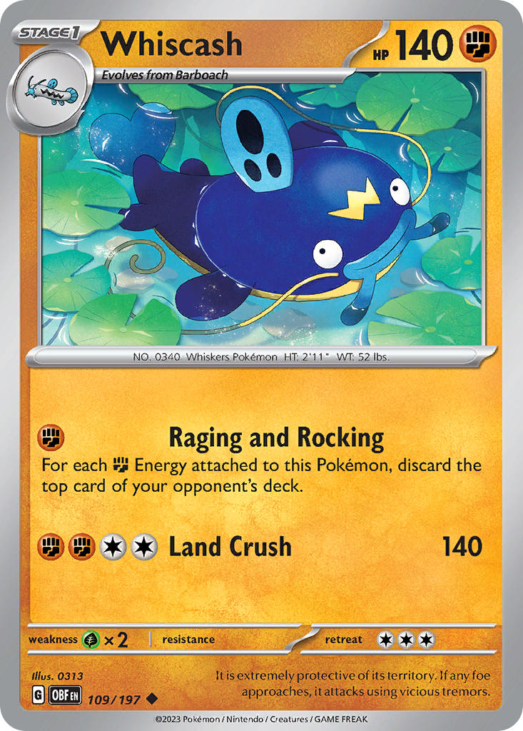 Whiscash 109/197 Uncommon Obsidian Flames Pokémon card