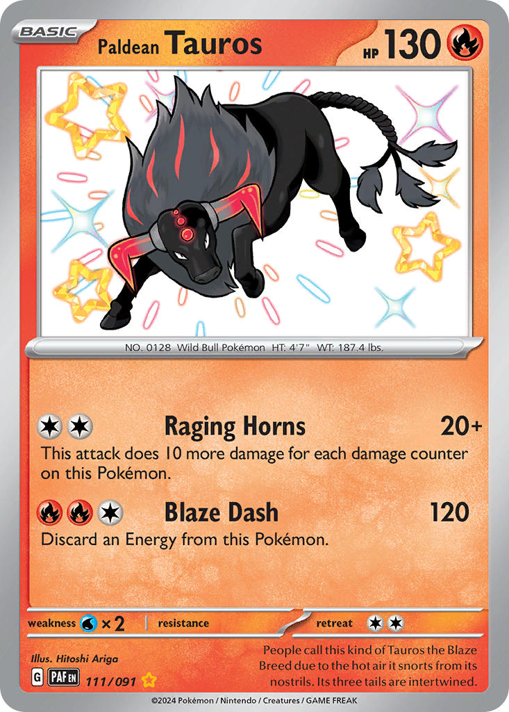 Paldean Tauros 111/091 Shiny Rare Paldean Fates Pokémon card