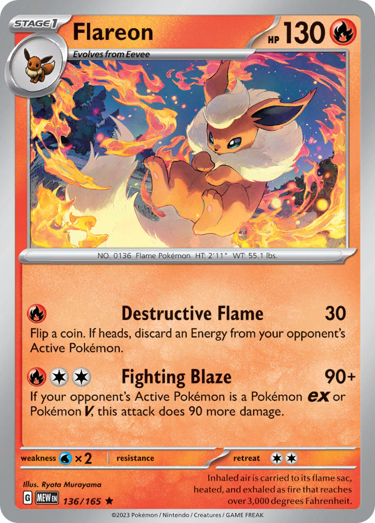 Flareon 136/165 Rare 151 Pokémon card
