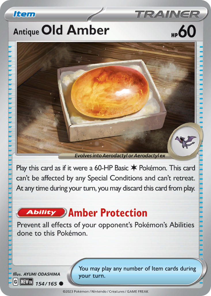 Antique Old Amber 154/165 Uncommon 151 Pokémon card