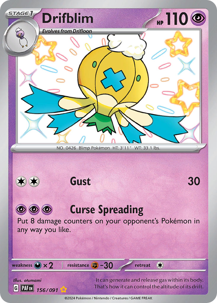 Drifblim 156/091 Shiny Rare Paldean Fates Pokémon card