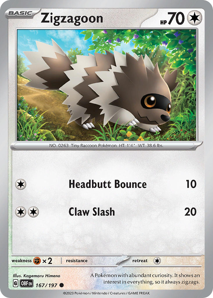 Zigzagoon 167/197 Common Obsidian Flames Pokémon card