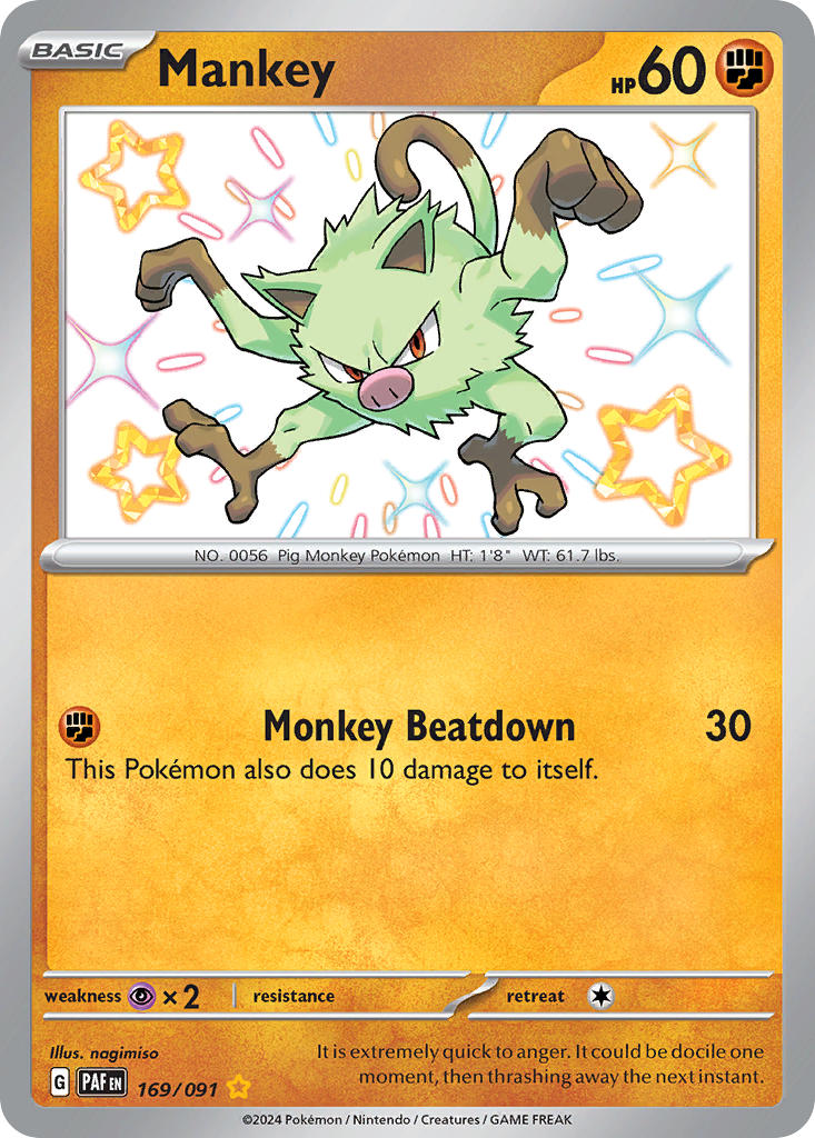 Mankey 169/091 Shiny Rare Paldean Fates Pokémon card