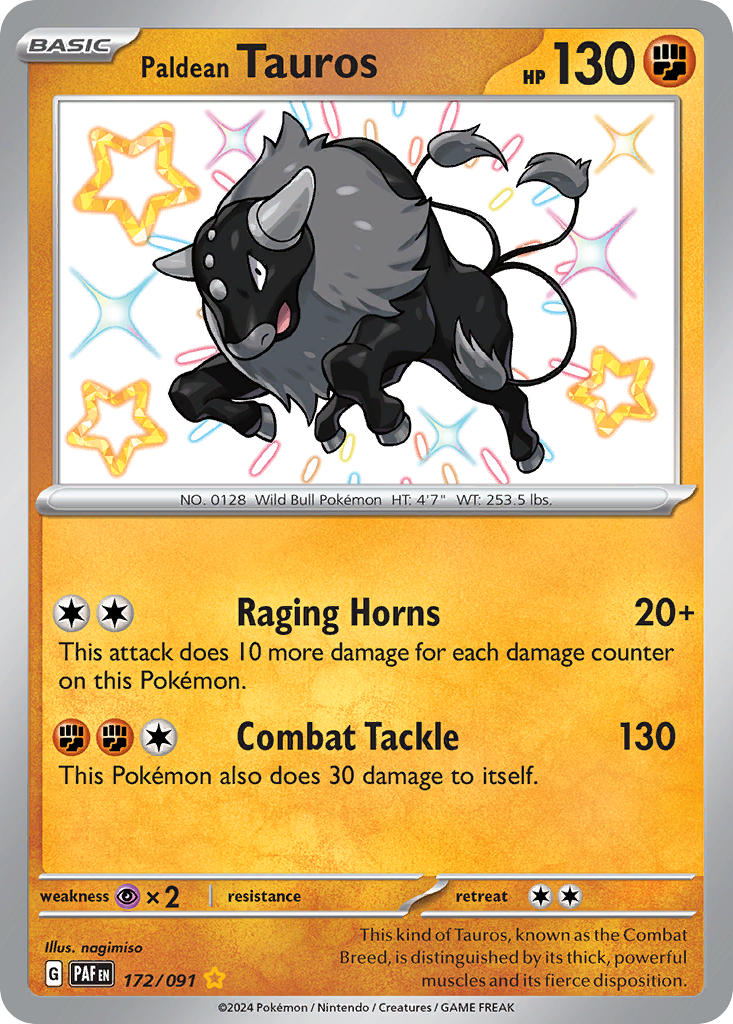 Paldean Tauros 172/091 Shiny Rare Paldean Fates Pokémon card