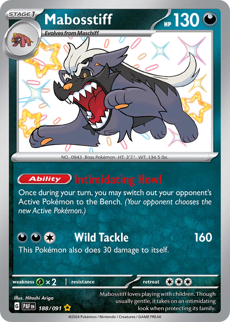 Mabosstiff 188/091 Shiny Rare Paldean Fates Pokémon card