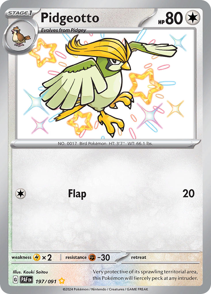 Pidgeotto 197/091 Shiny Rare Paldean Fates Pokémon card