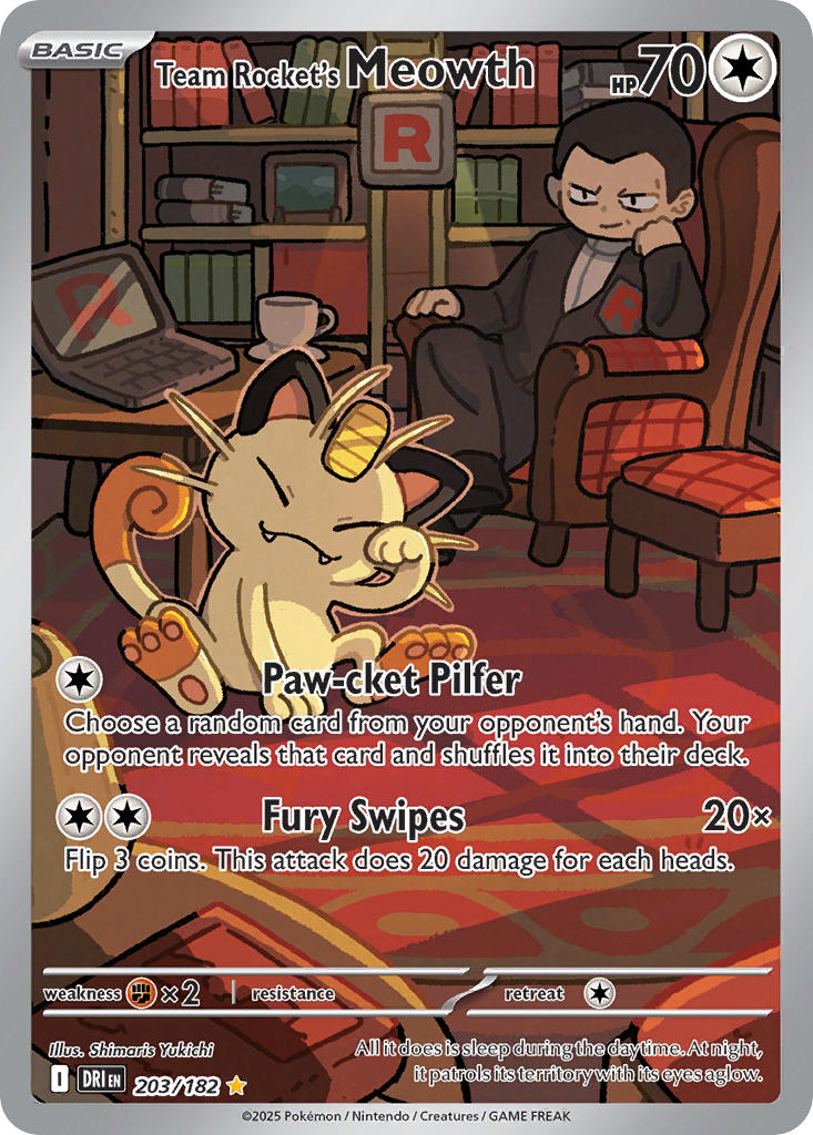 Team Rocket's Meowth 203/182 Illustration Rare Destined Rivals Pokémon card