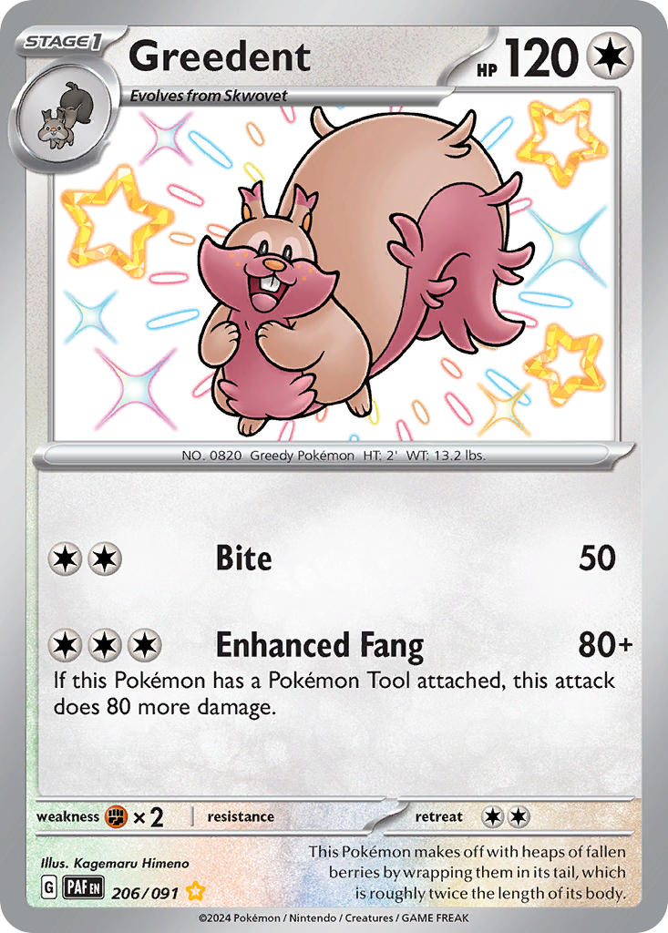 Greedent 206/091 Shiny Rare Paldean Fates Pokémon card
