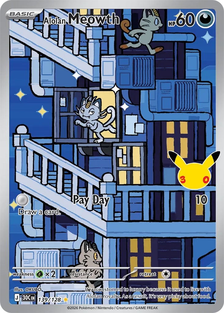 Alolan Meowth 139/128 Illustration Rare 30th Celebration Pokémon card