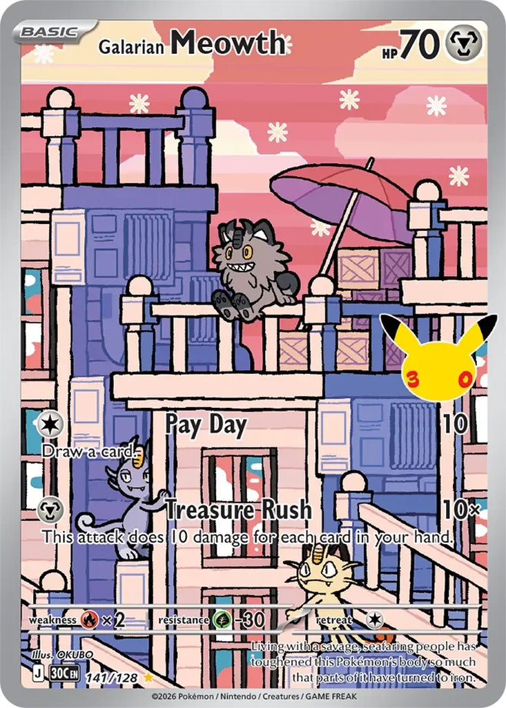 Galarian Meowth 141/128 Illustration Rare 30th Celebration Pokémon card