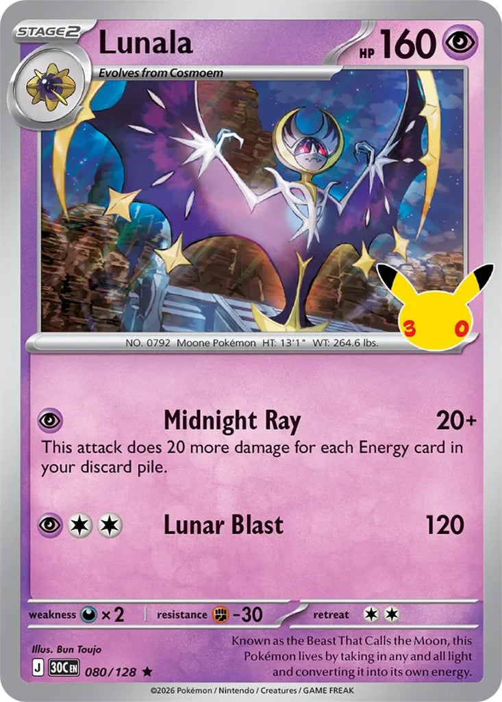 Lunala 080/128 Rare 30th Celebration Pokémon card