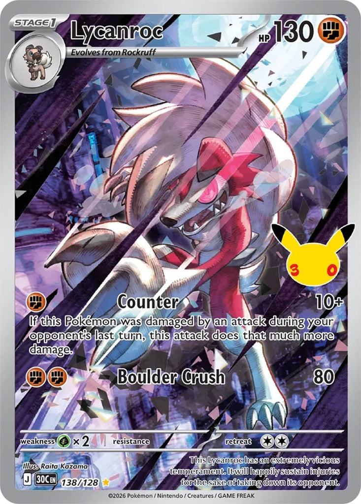 Lycanroc 138/128 Illustration Rare 30th Celebration Pokémon card