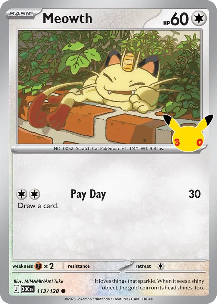 Meowth 113/128 Common 30th Celebration Pokémon card