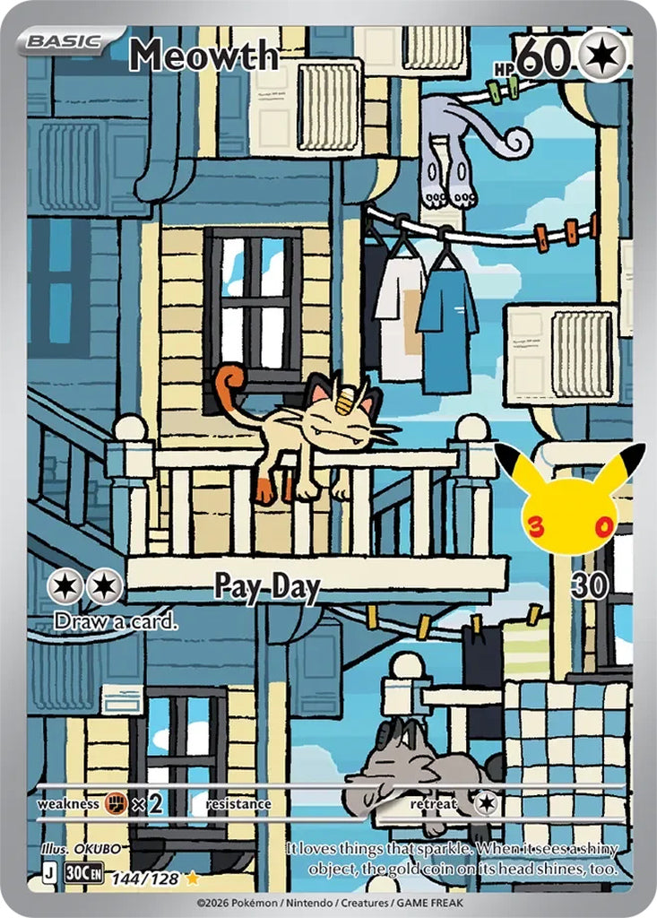 Meowth 144/128 Illustration Rare 30th Celebration Pokémon card