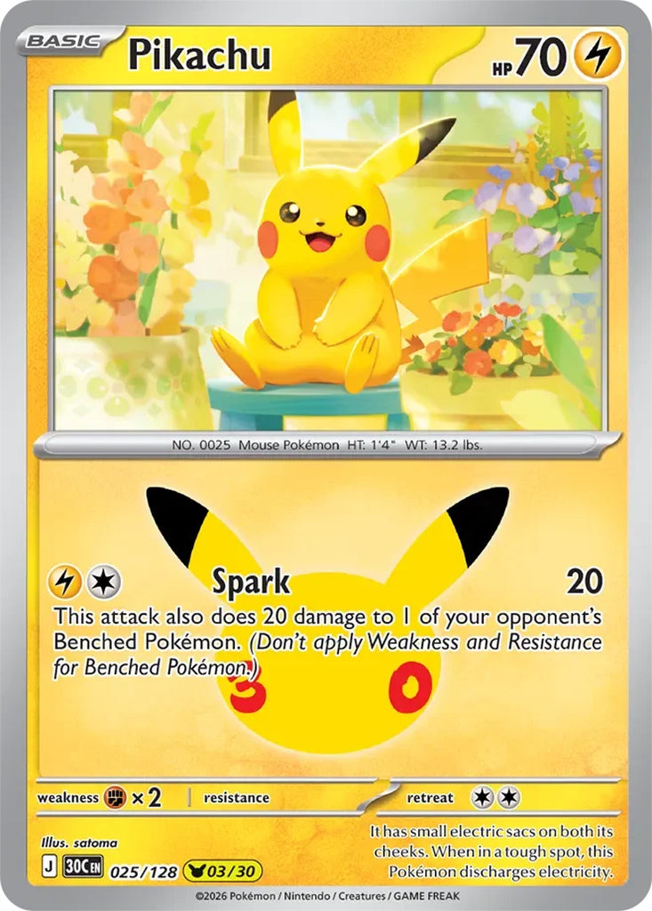 Pikachu 025/128 Pikachu Rare 30th Celebration Pokémon card