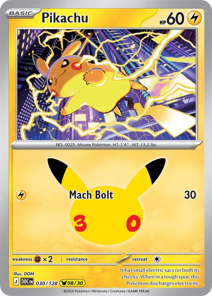 Pikachu 030/128 Pikachu Rare 30th Celebration Pokémon card