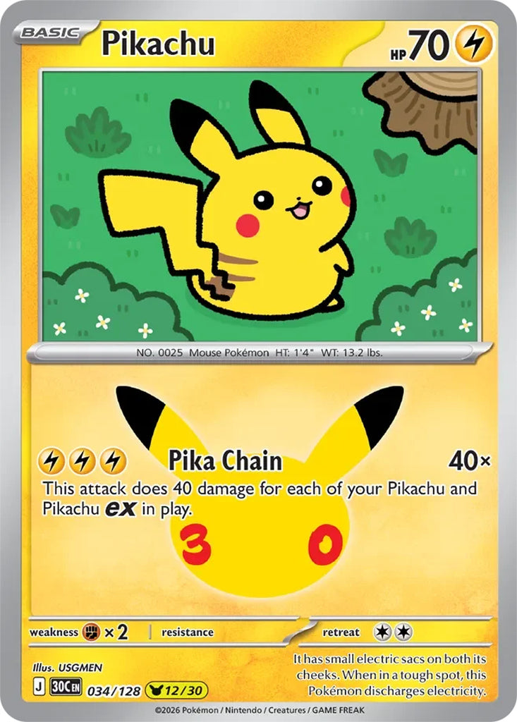 Pikachu 034/128 Pikachu Rare 30th Celebration Pokémon card