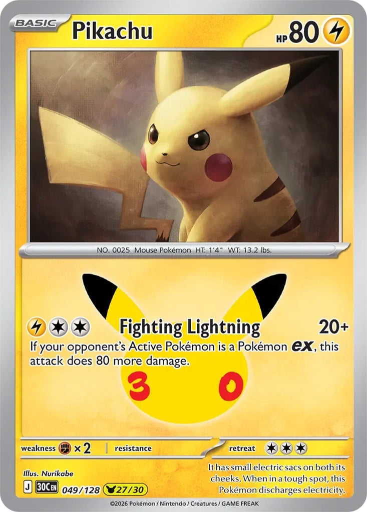 Pikachu 049/128 Pikachu Rare 30th Celebration Pokémon card
