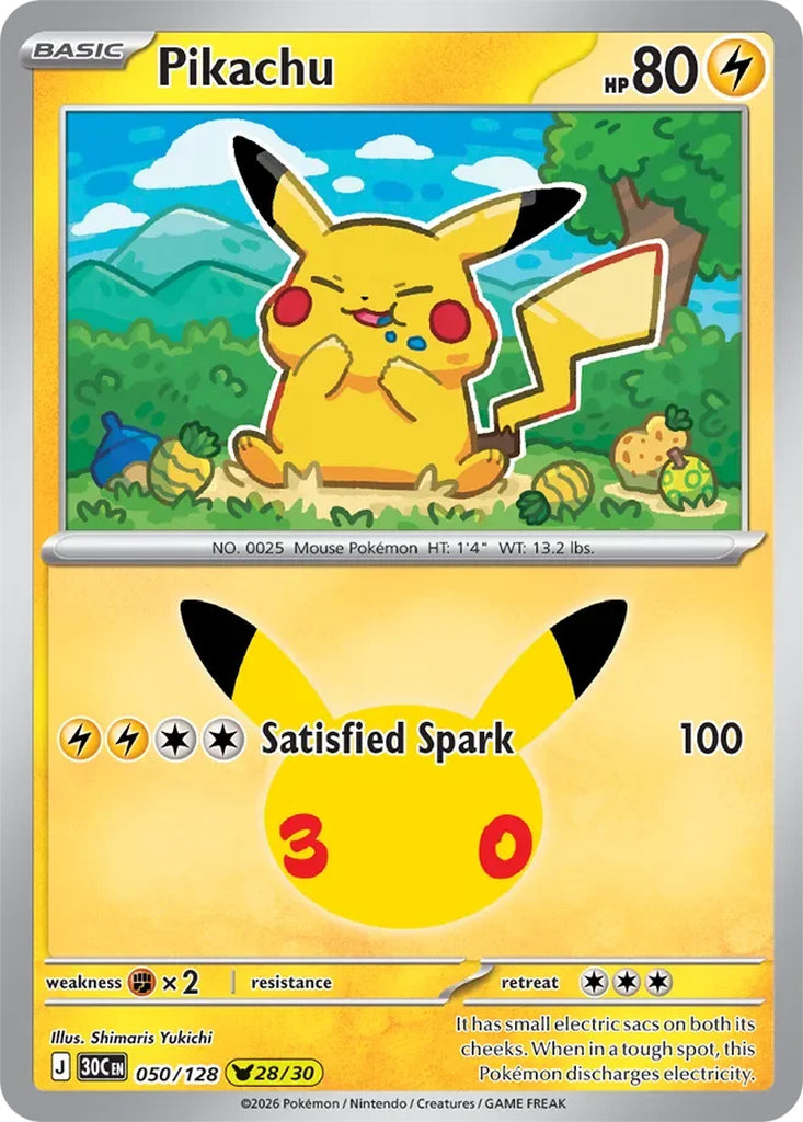 Pikachu 050/128 Pikachu Rare 30th Celebration Pokémon card