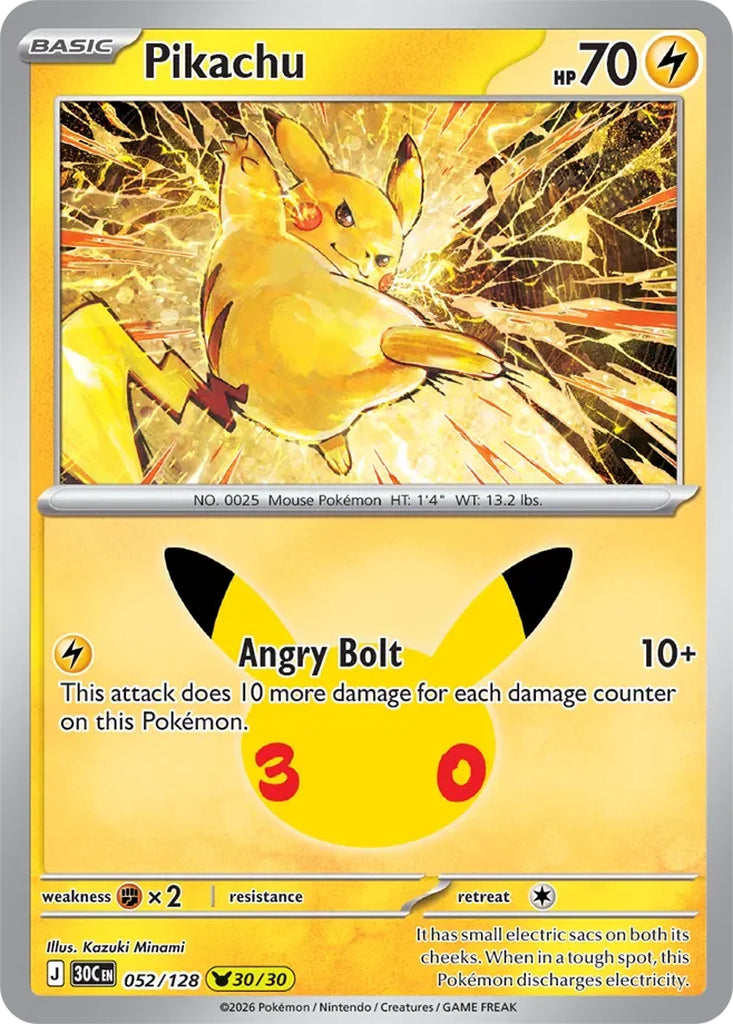 Pikachu 052/128 Pikachu Rare 30th Celebration Pokémon card