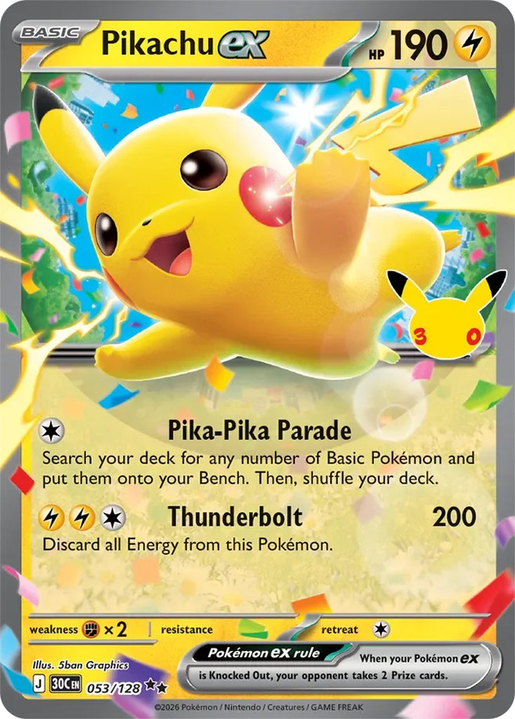 Pikachu ex 053/128 Double Rare 30th Celebration Pokémon card