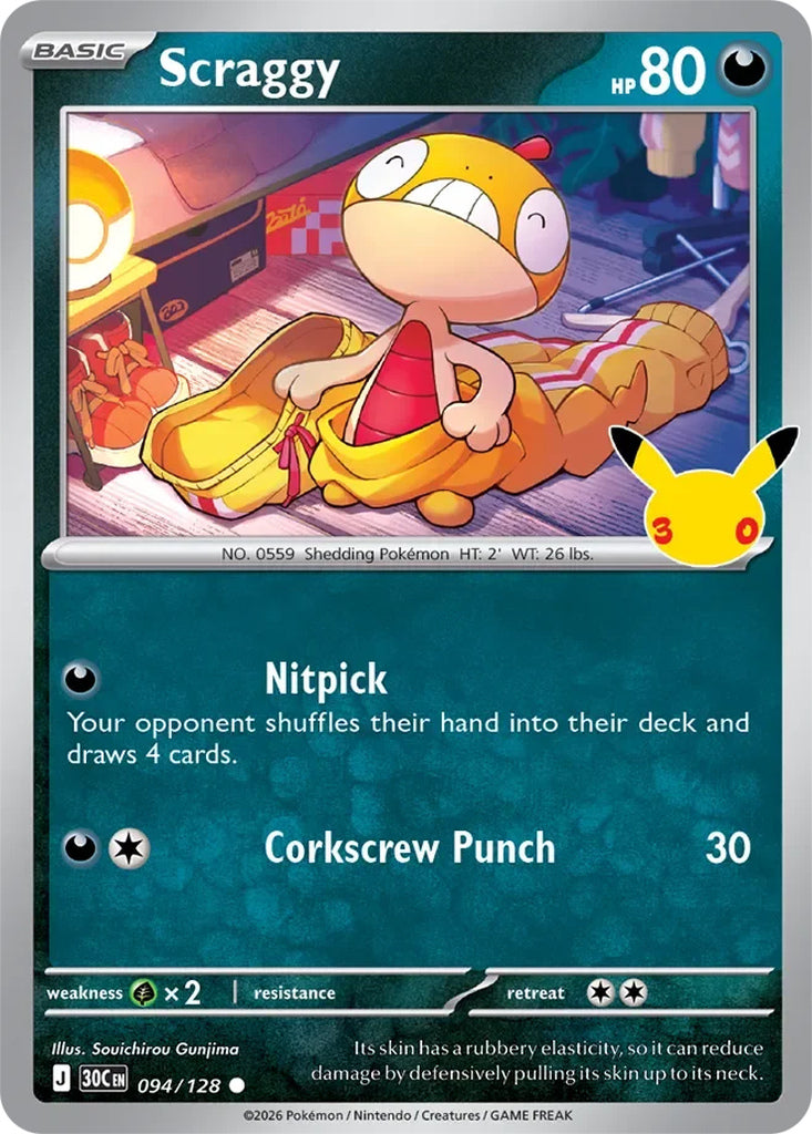 Scraggy 094/128 Common 30th Celebration Pokémon card