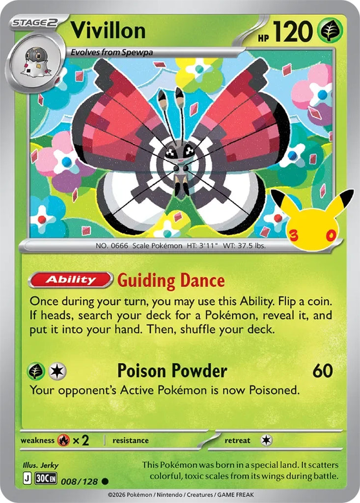 Vivillon 008/128 Common 30th Celebration Pokémon card