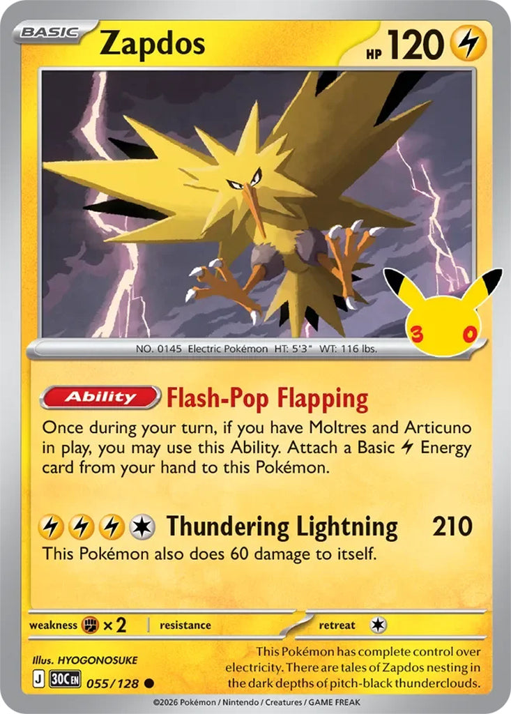Zapdos 055/128 Common 30th Celebration Pokémon card